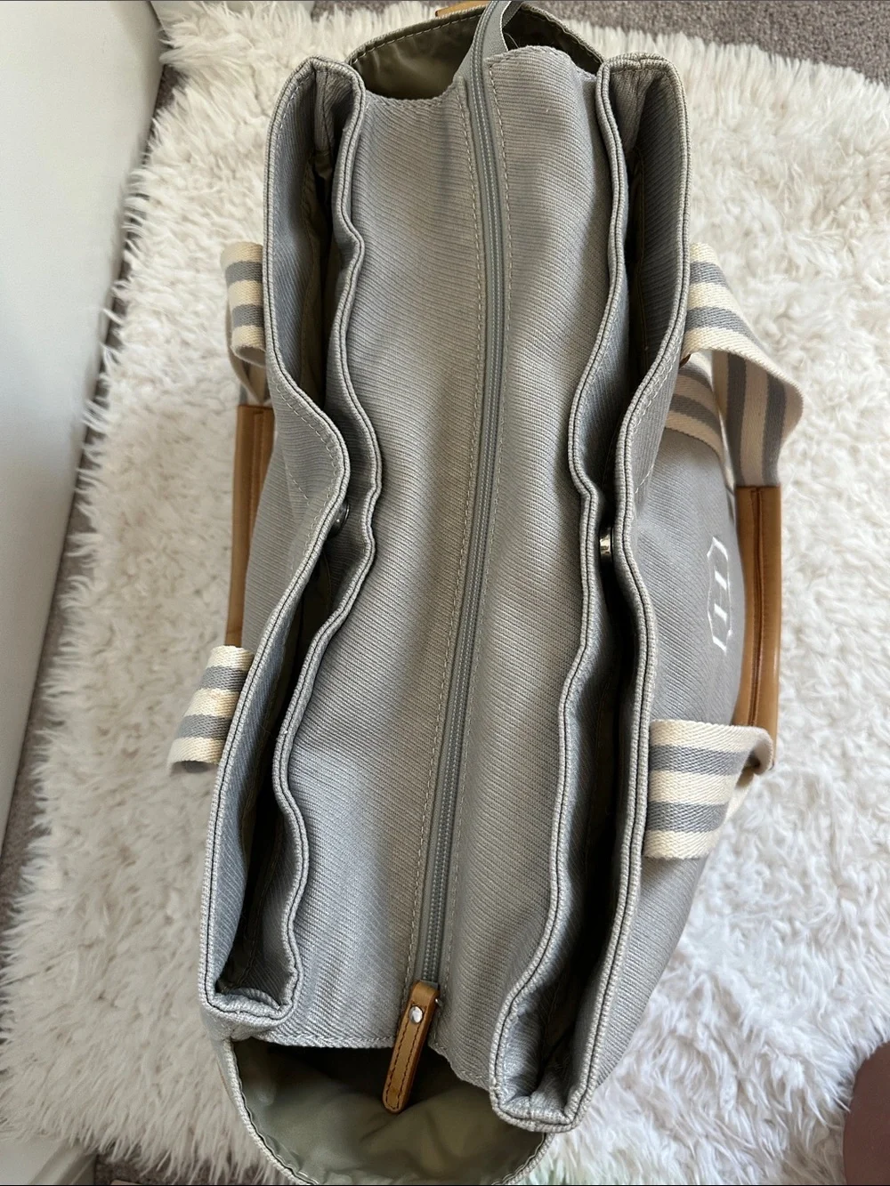 Pottery Barn Kids Monogram Canvas Diaper Bag in Gray with Striped Handles